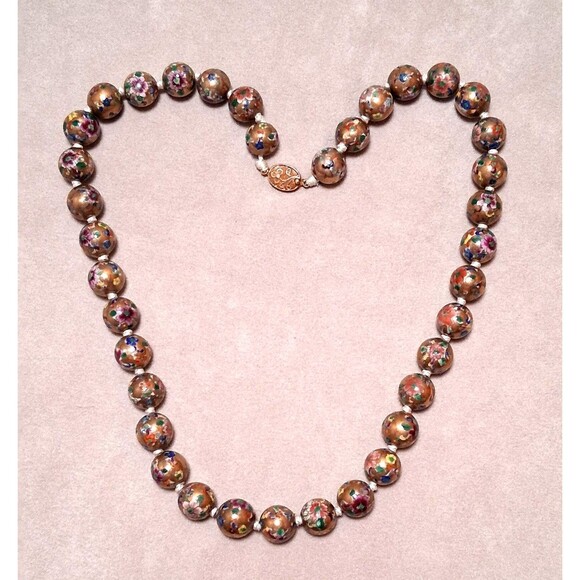 Chinese Export Painted Bead Necklace Gold Pink Red Flowers - Picture 1 of 10